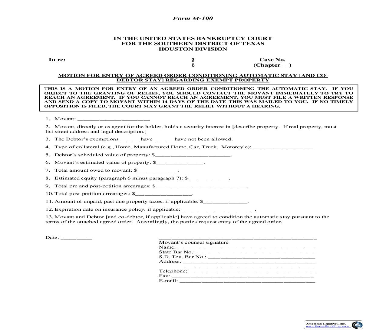 Motion For Entry Of Agreed Order Conditioning Automatic Stay (Houston) {M-100} | Pdf Fpdf Doc Docx | Texas