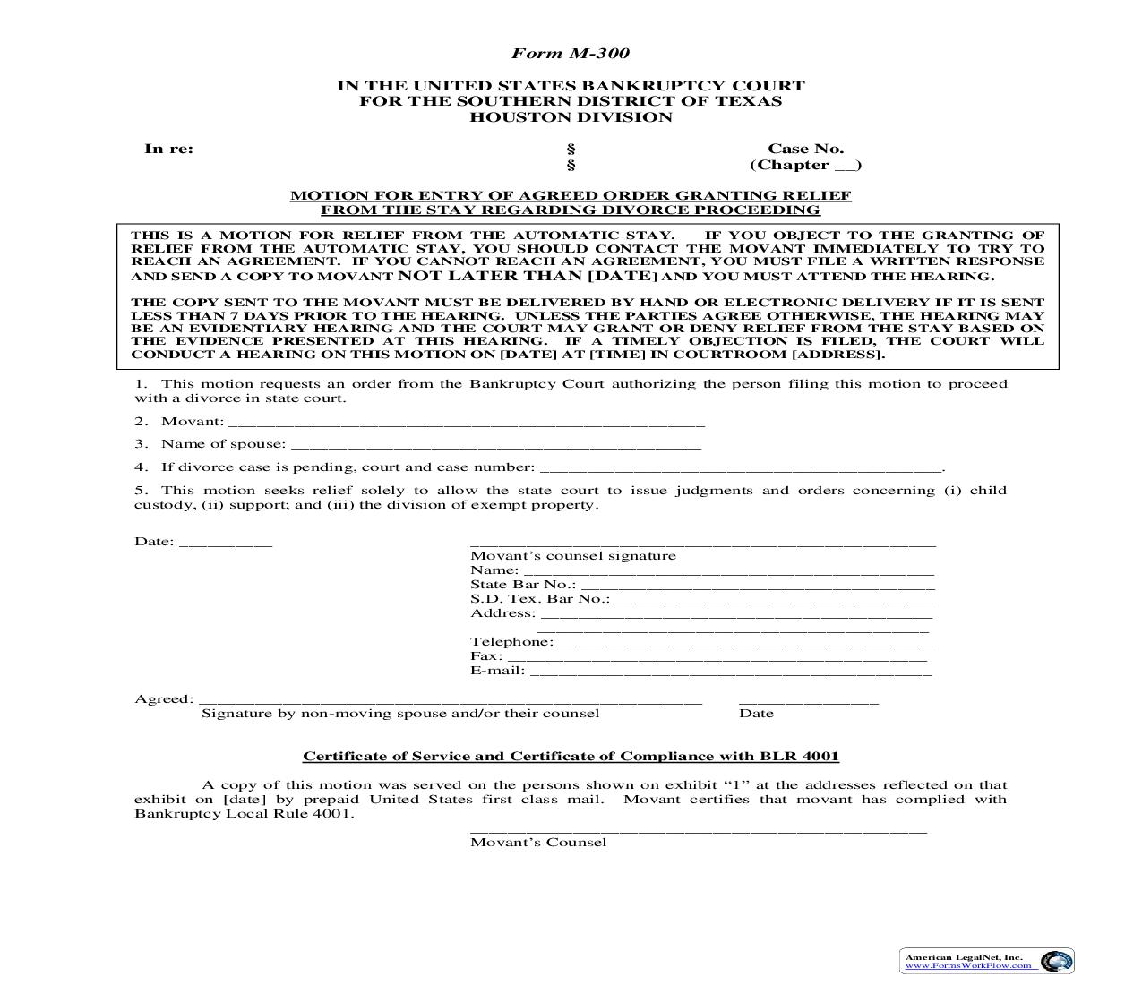 Motion For Entry Of Agreed Order Granting Relief From The Stay (Divorce) (Houston) {M-300} | Pdf Fpdf Doc Docx | Texas