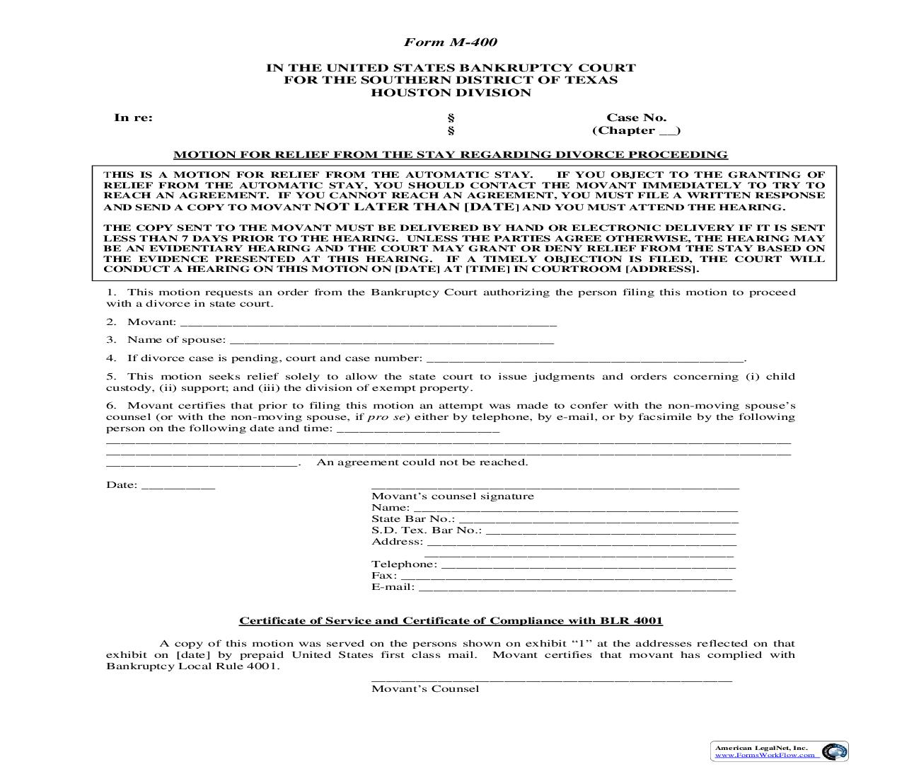 Motion For Relief From The Stay Regarding Divorce Proceeding (Houston) {M-400} | Pdf Fpdf Doc Docx | Texas