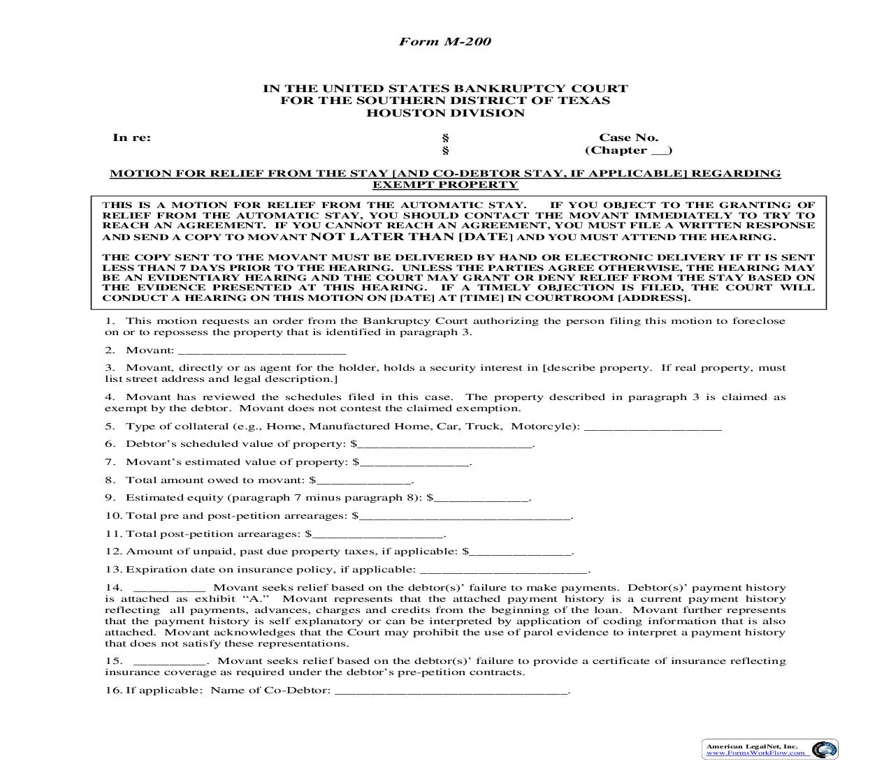 Motion For Relief From The Stay Regarding Exempt Property (Houston) {M-200} | Pdf Fpdf Doc Docx | Texas