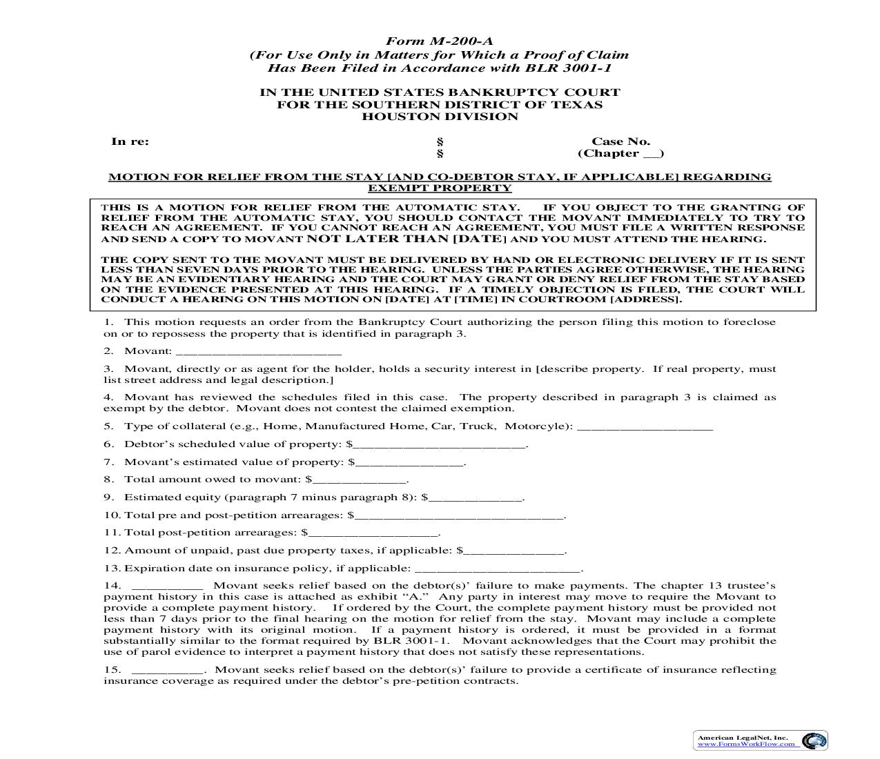 Motion For Relief From The Stay Regarding Exempt Property (Houston) {M-200-A} | Pdf Fpdf Doc Docx | Texas