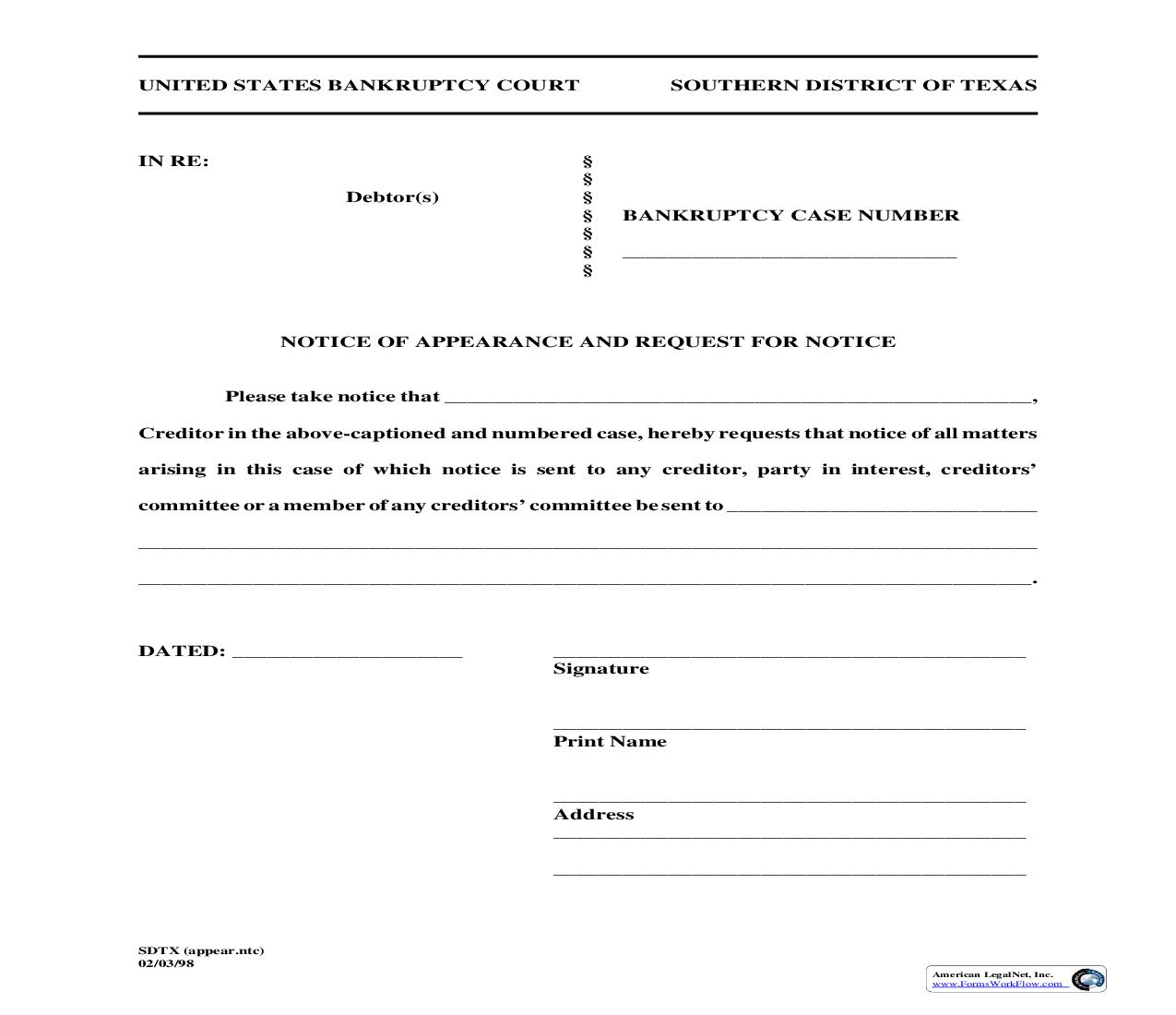 Notice Of Appearance And Request For Notice | Pdf Fpdf Doc Docx | Texas