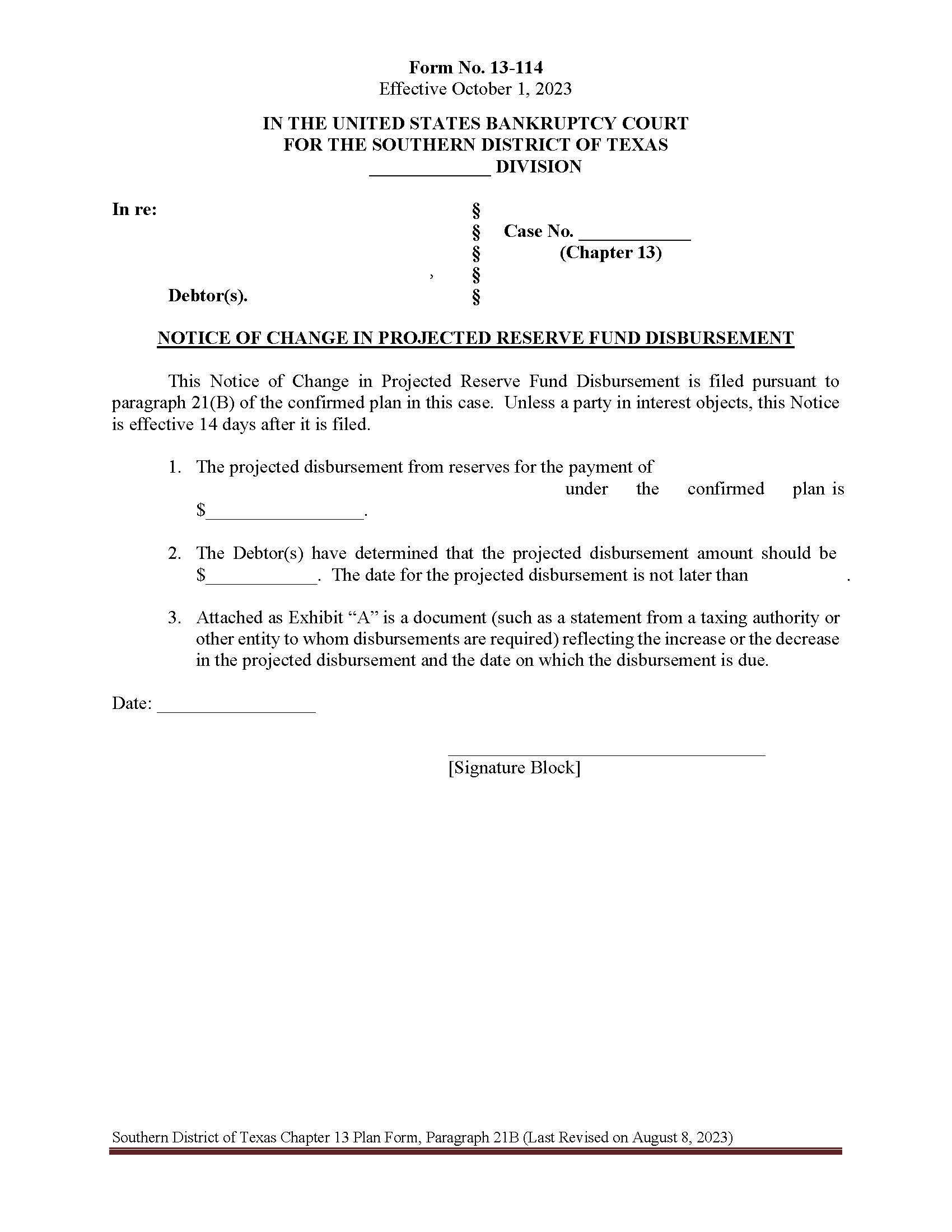 Notice Of Change In Projected Reserve Fund Disbursement {13-114} | Pdf Fpdf Docx | Texas