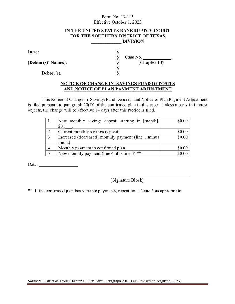 Notice Of Change In Savings Fund Deposits {13-113} | Pdf Fpdf Docx | Texas