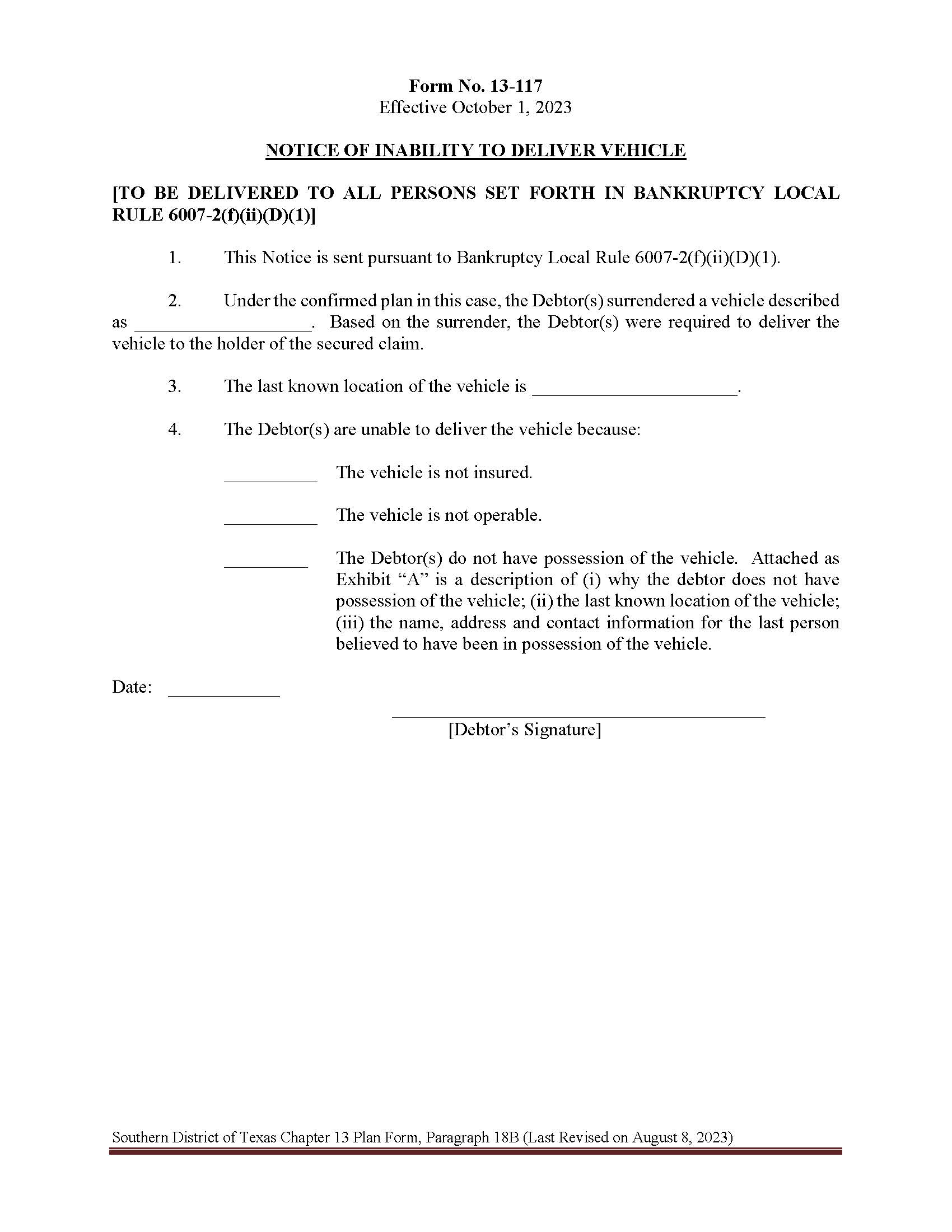 Notice Of Inability To Deliver Vehicle {13-117} | Pdf Fpdf Docx | Texas