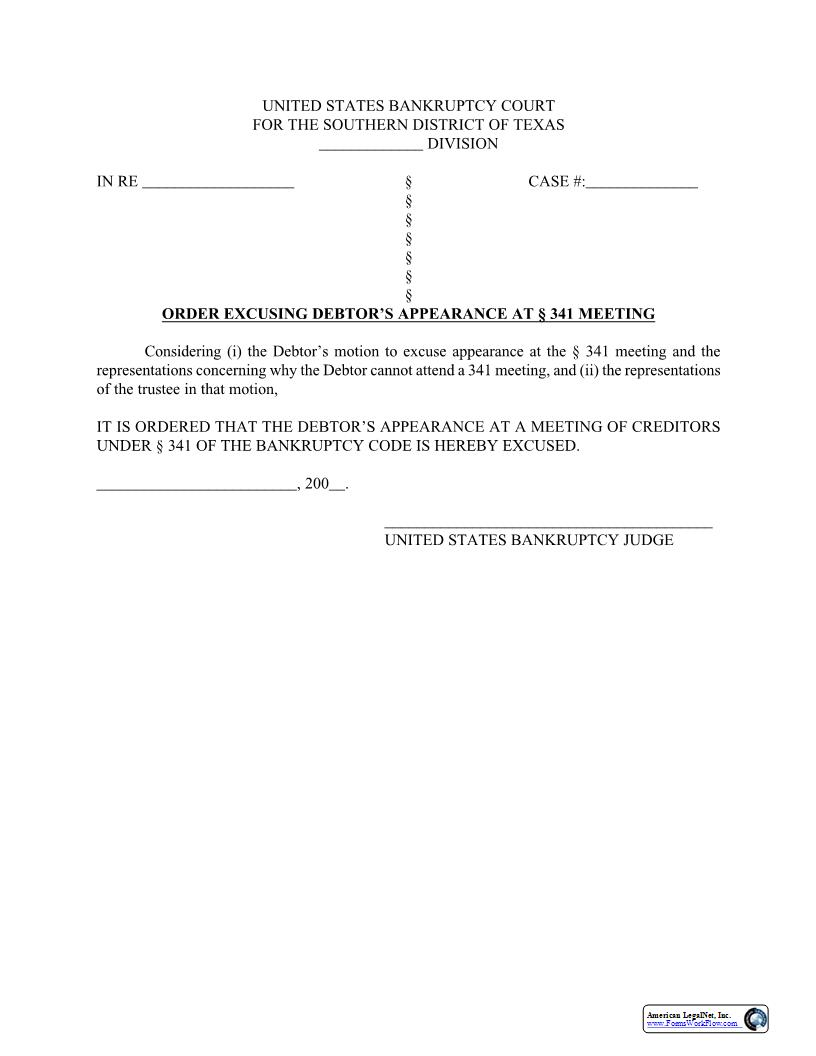 Order Excusing Debtors Appearance At 341 Meeting | Pdf Fpdf Docx | Texas