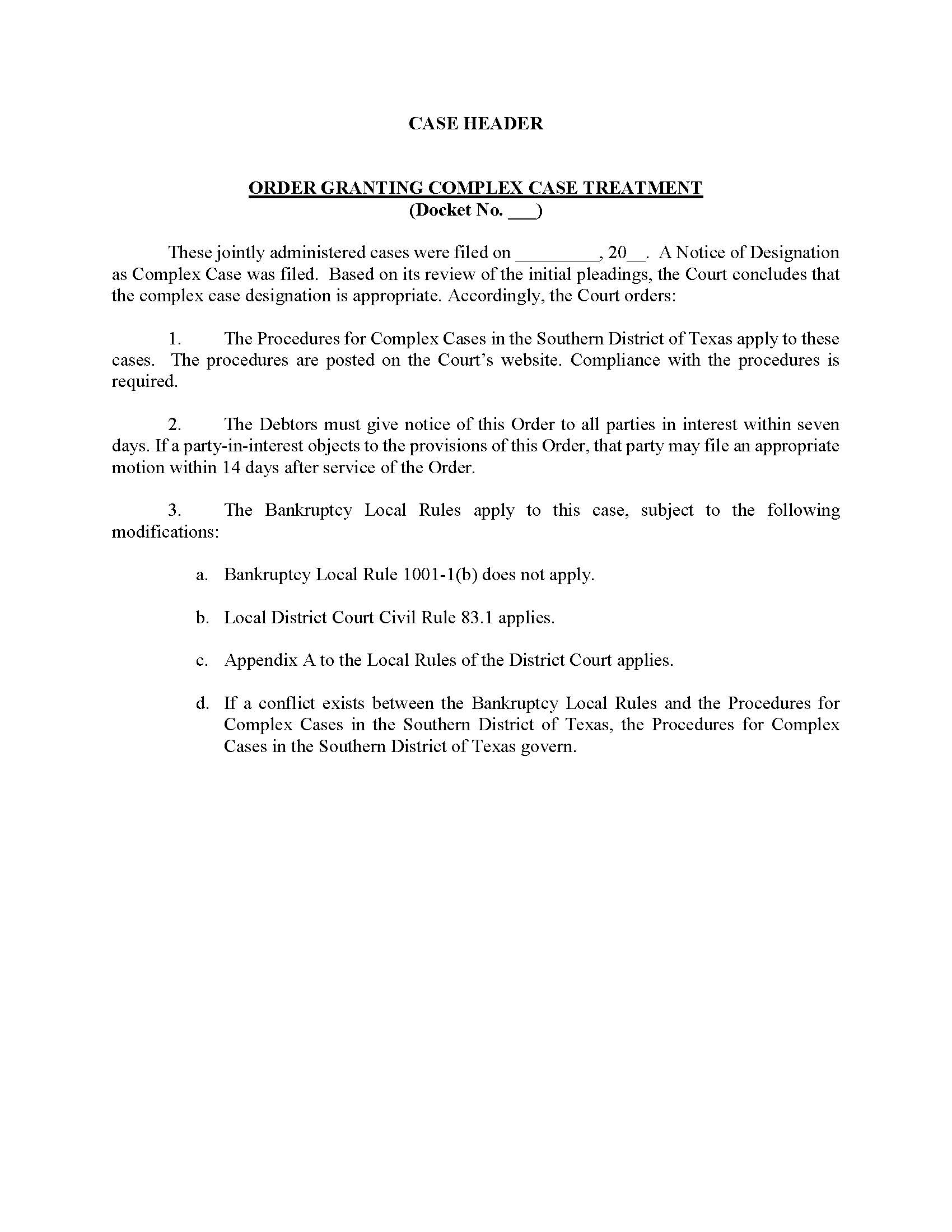 Order Granting Complex Case Treatment  (Multiple Debtor) | Pdf Fpdf Docx | Texas