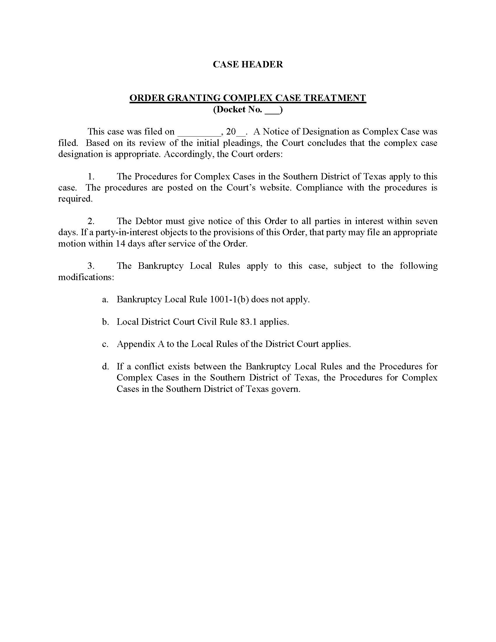 Order Granting Complex Case Treatment (Single Debtor) | Pdf Fpdf Docx | Texas