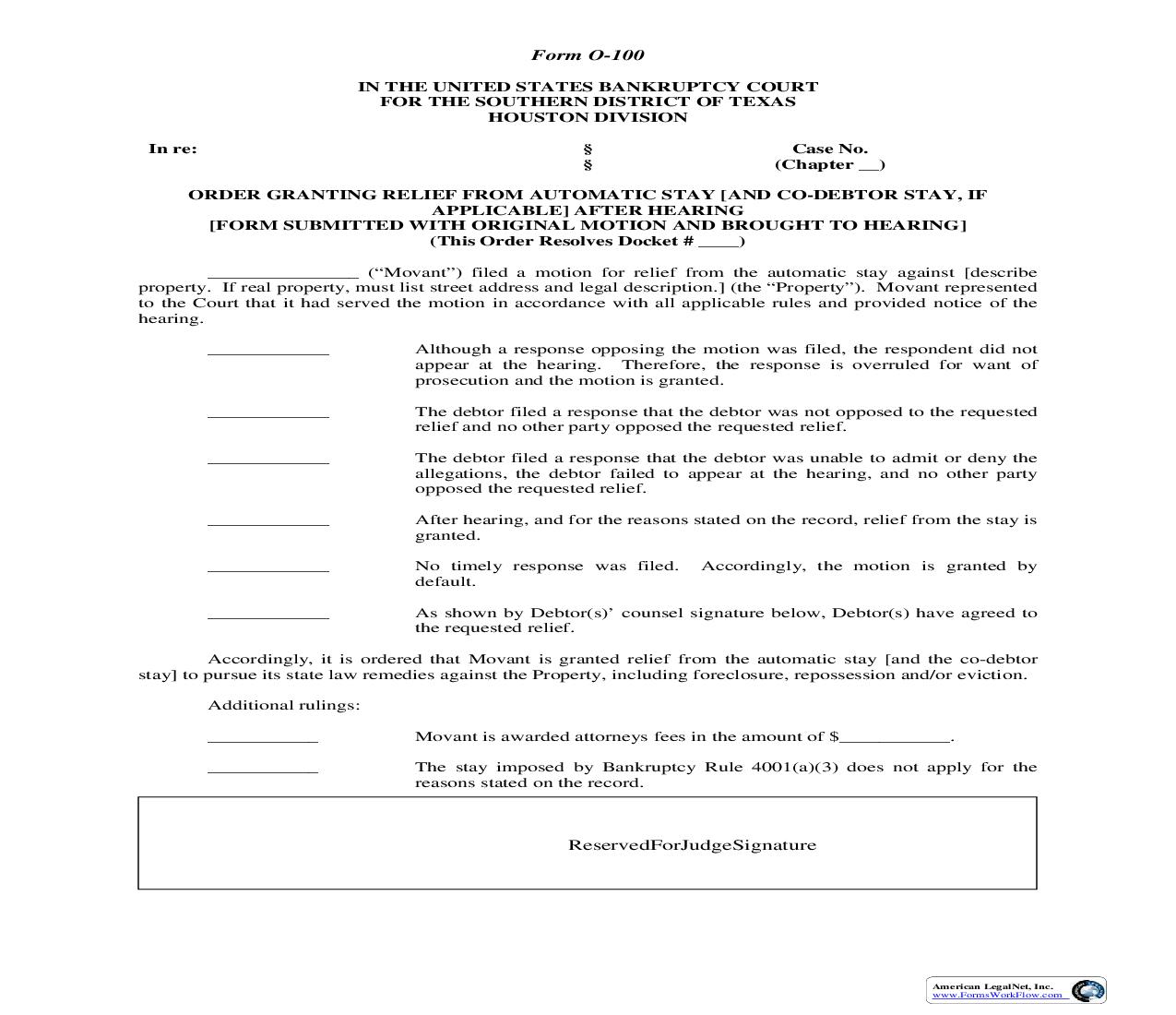 Order Granting Relief From Automatic Stay After Hearing (Houston) {O-100} | Pdf Fpdf Doc Docx | Texas