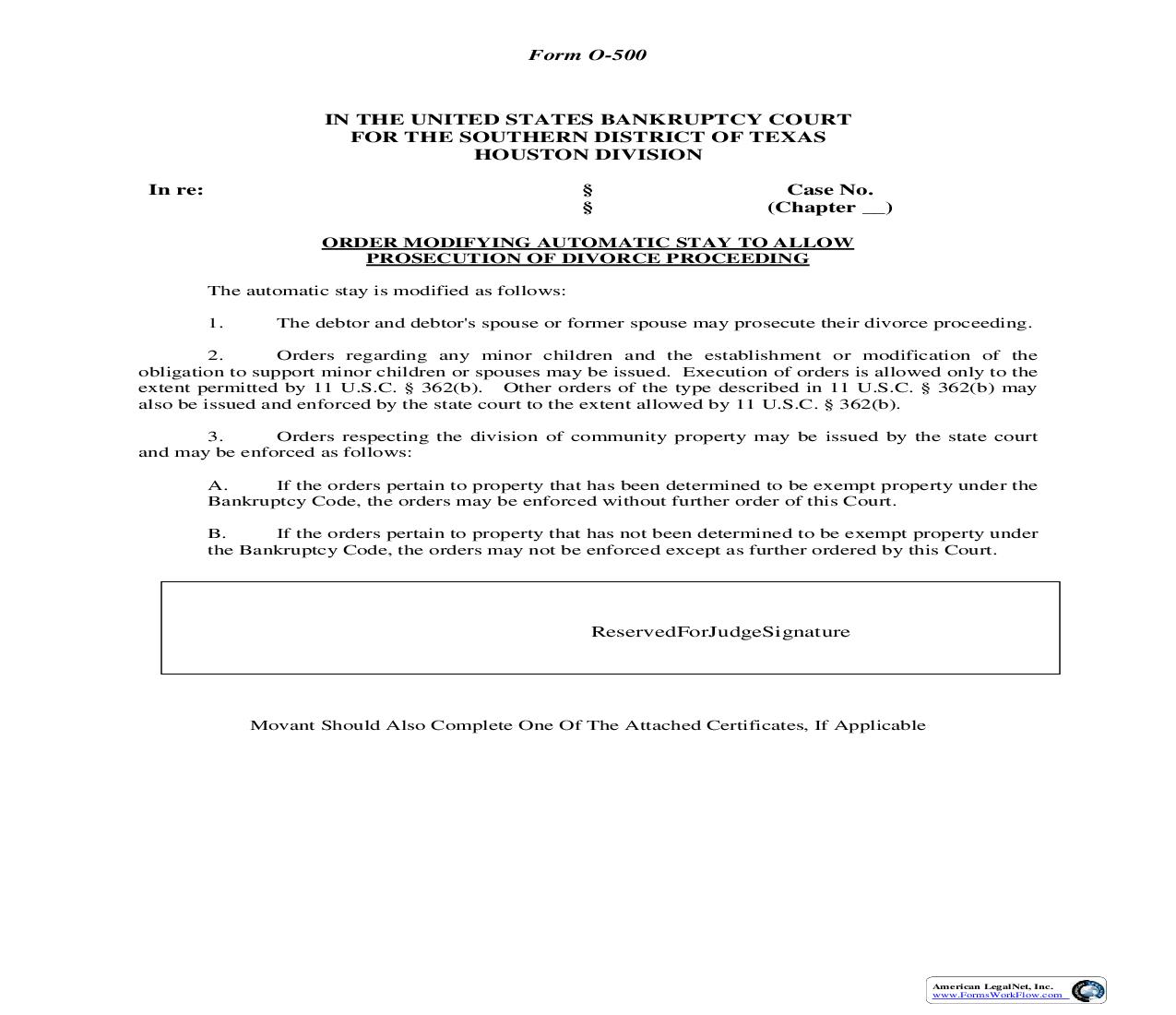 Order Modifying Automatic Stay To Allow Prosecution Of Divorce Proceeding (Houston) {O-500} | Pdf Fpdf Doc Docx | Texas