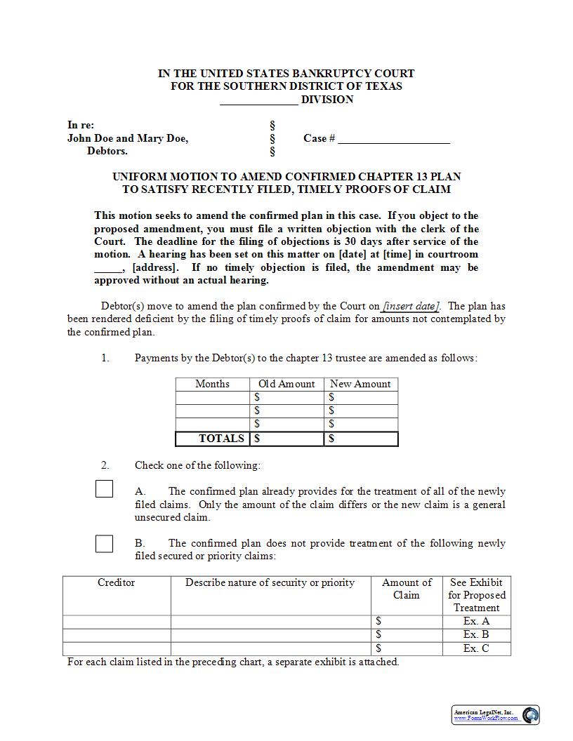 Uniform Motion To Amend Confirmed Chapter 13 Plan | Pdf Fpdf Docx | Texas