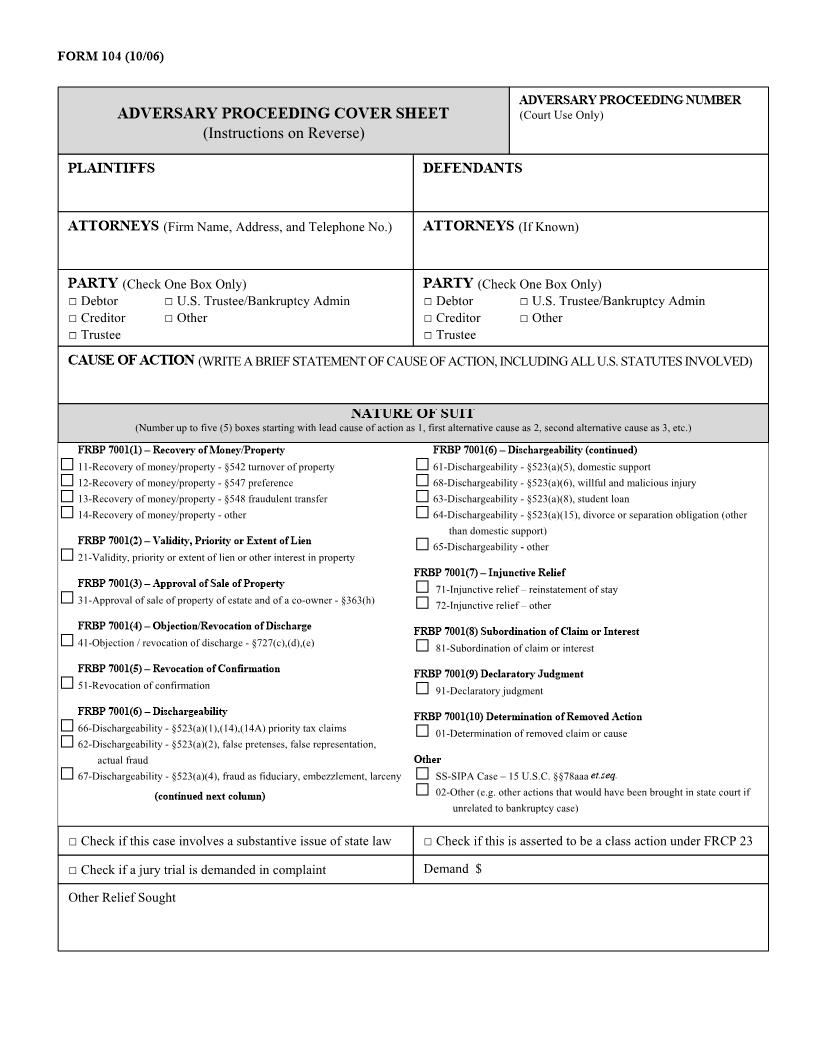Adversary Proceeding Cover Sheet {104} | Pdf Fpdf Docx | Texas