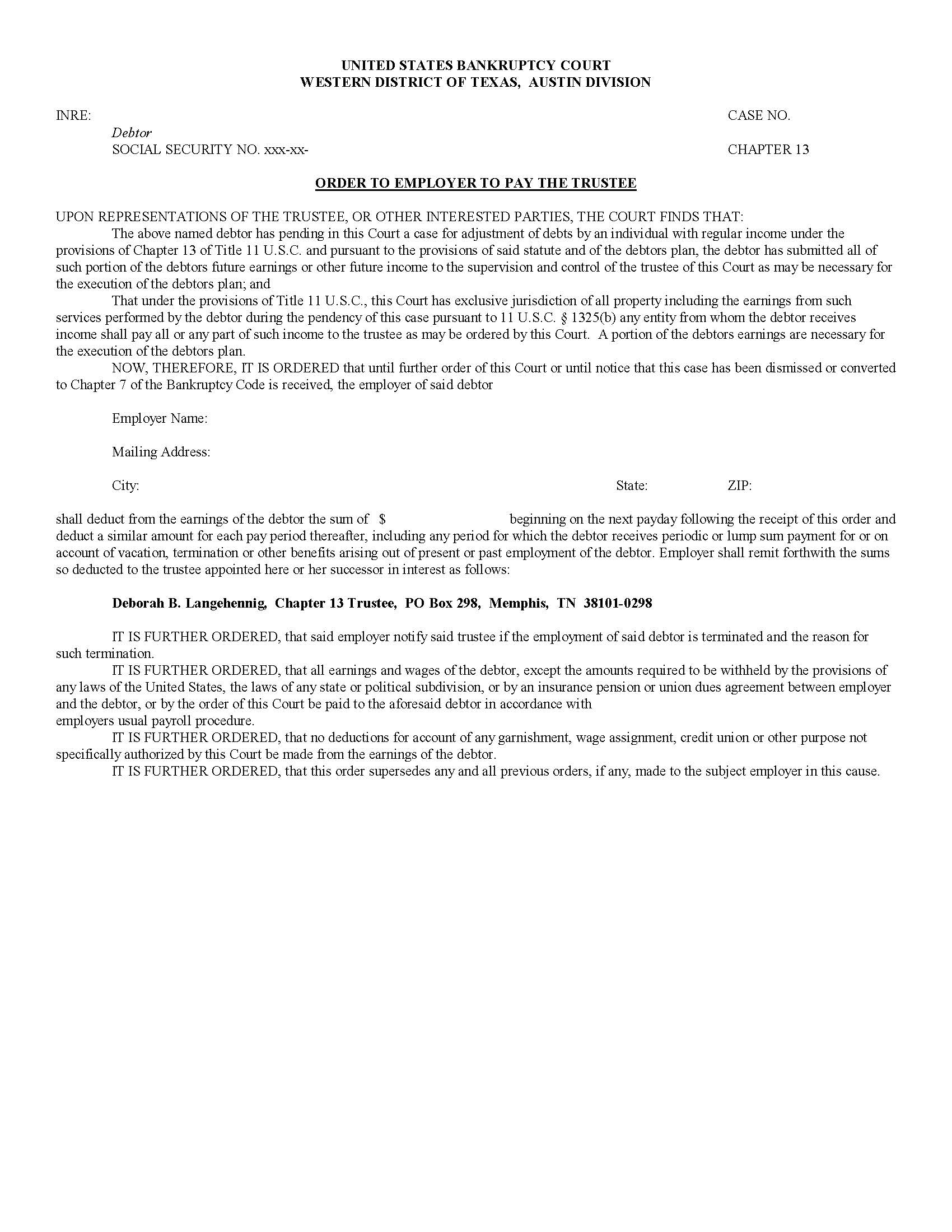 Amended Order To Employer To Pay The Trustee (Austin) | Pdf Fpdf Docx | Texas