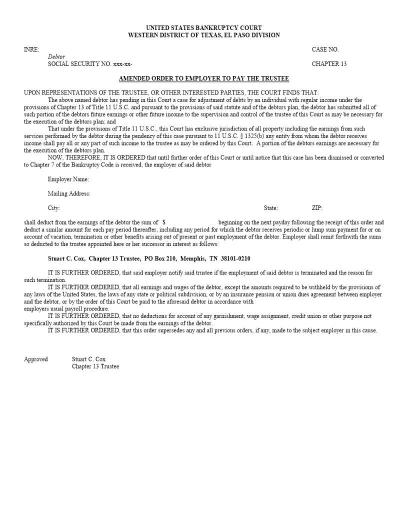 Amended Order To Employer To Pay The Trustee (El Paso) | Pdf Fpdf Docx | Texas