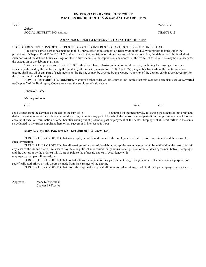 Amended Order To Employer To Pay The Trustee (San Antonio) | Pdf Fpdf Docx | Texas