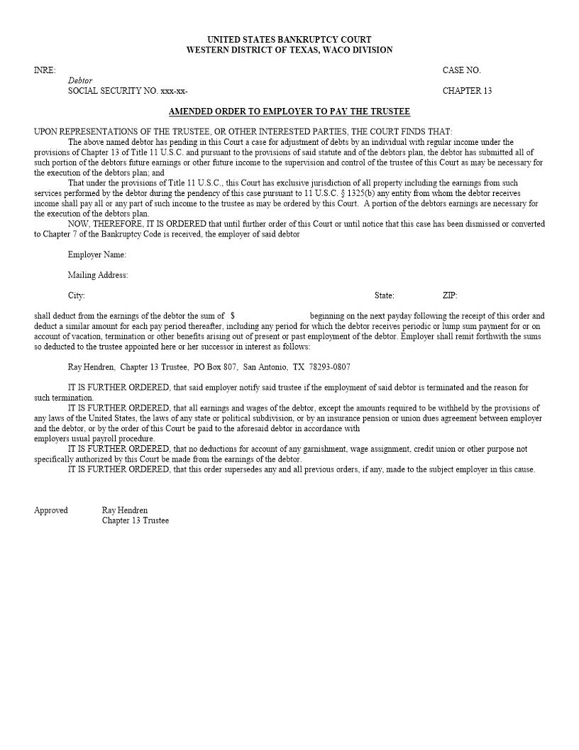 Amended Order To Employer To Pay The Trustee (Waco) | Pdf Fpdf Docx | Texas