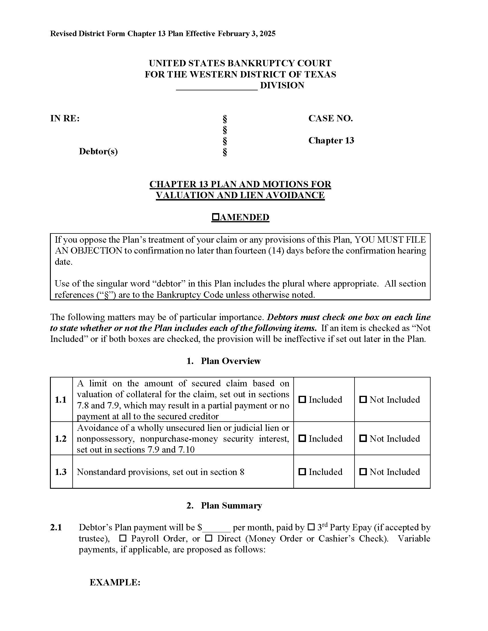Chapter 13 Plan And Motions For Valuation And Lien Avoidance | Pdf Fpdf Docx | Texas