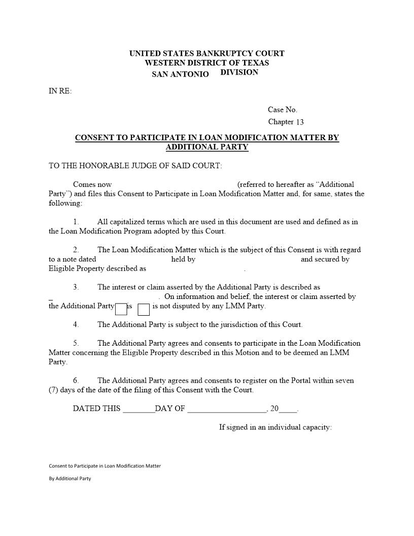 Consent To Participate In Loan Modification Matter By Additional Party | Pdf Fpdf Docx | Texas