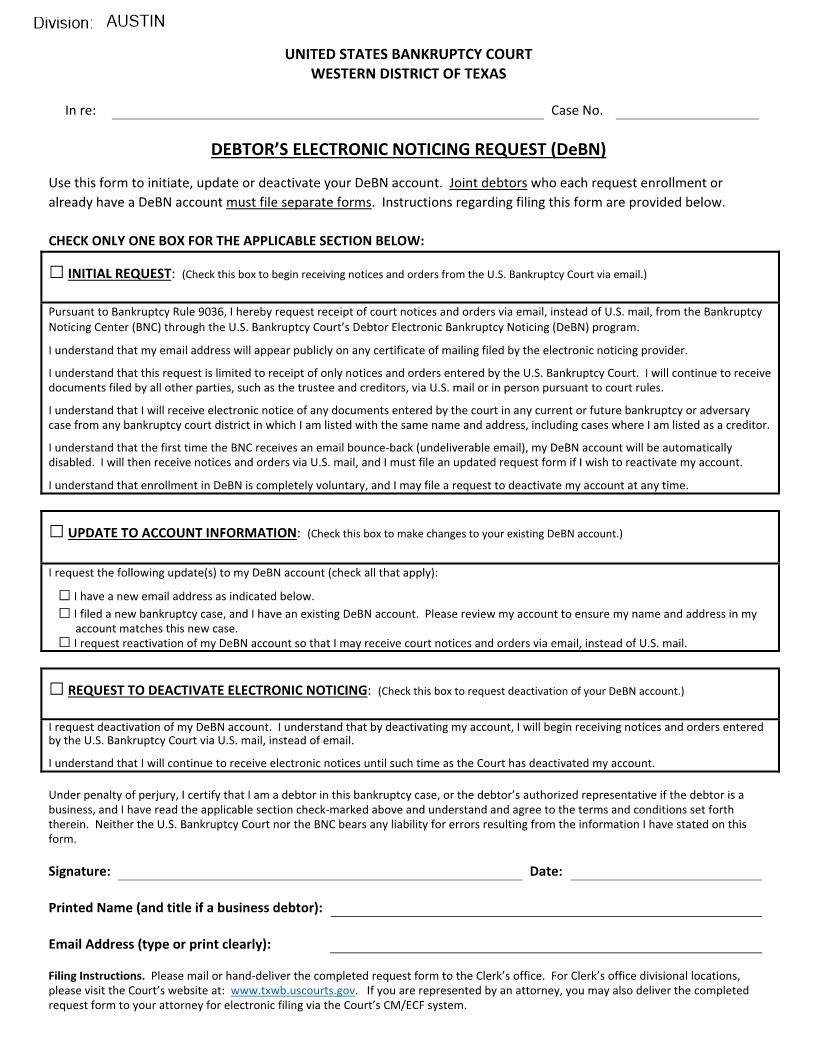 Debtors Electronic Noticing Request | Pdf Fpdf Docx | Texas
