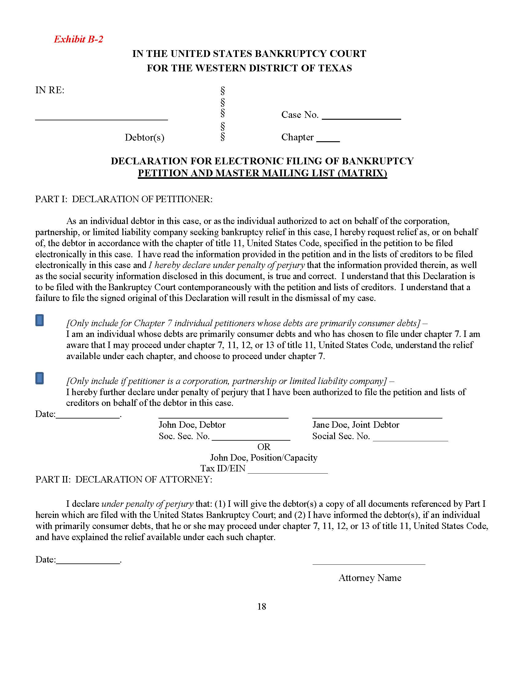 Declaration For Electronic Filing Of Bankruptcy Petition And Master Mailing List (Matrix) | Pdf Fpdf Doc Docx | Texas