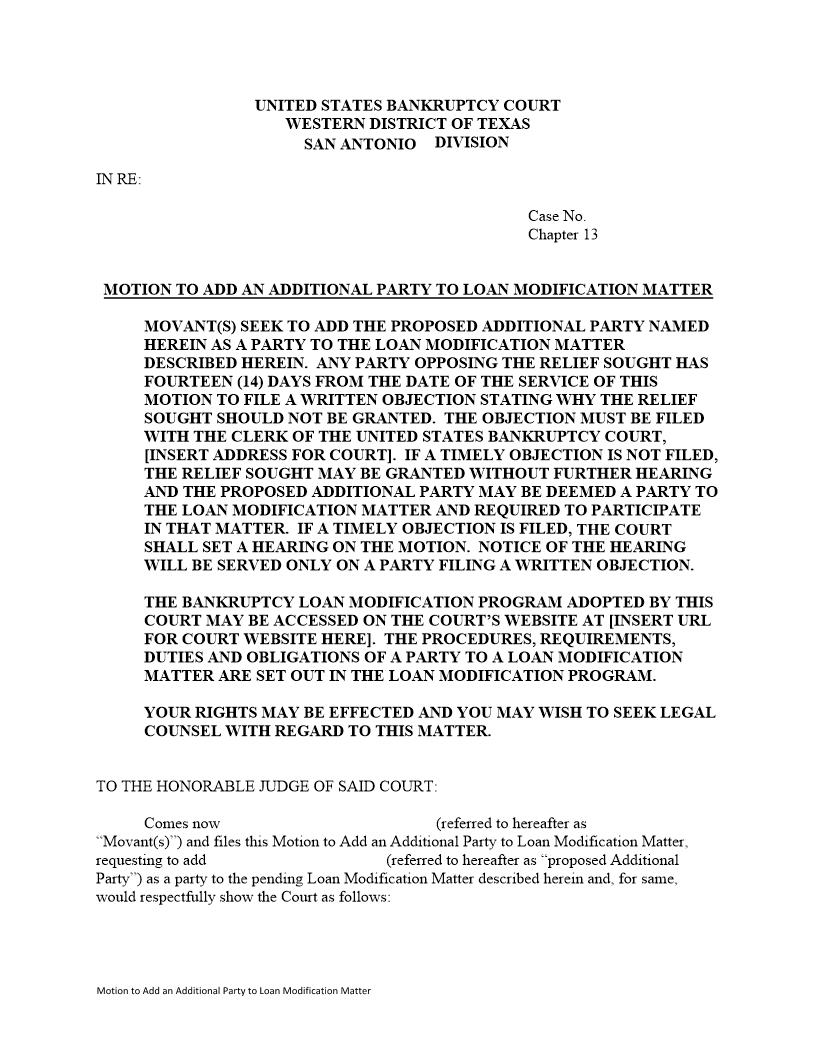 Motion To Add An Additional Party To Loan Modification Matter | Pdf Fpdf Docx | Texas
