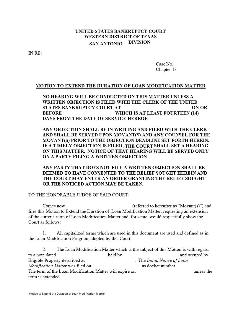 Motion To Extend The Duration Of Loan Modification Matter | Pdf Fpdf Docx | Texas