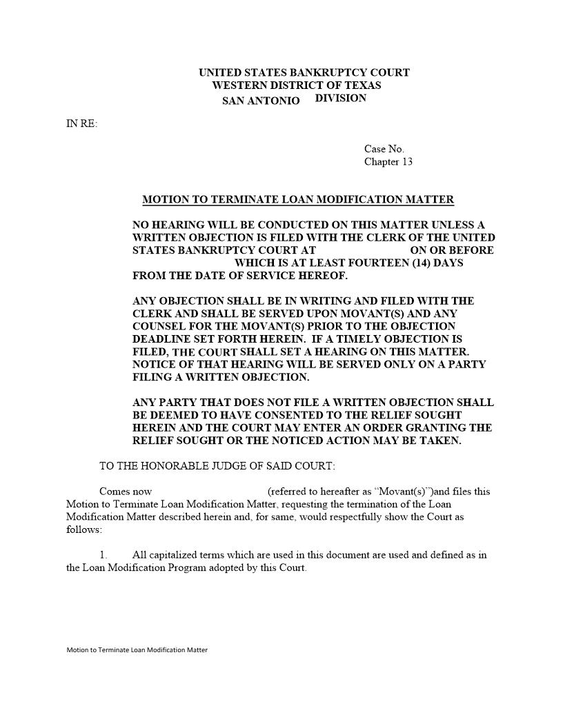 Motion To Terminate Loan Modification Matter | Pdf Fpdf Docx | Texas