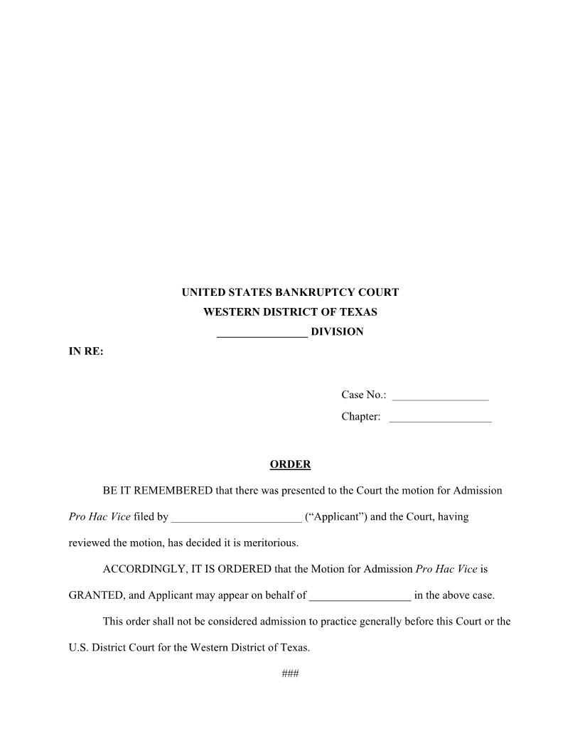 Order (Granting Motion For Admission Pro Hac Vice) | Pdf Fpdf Doc Docx | Texas