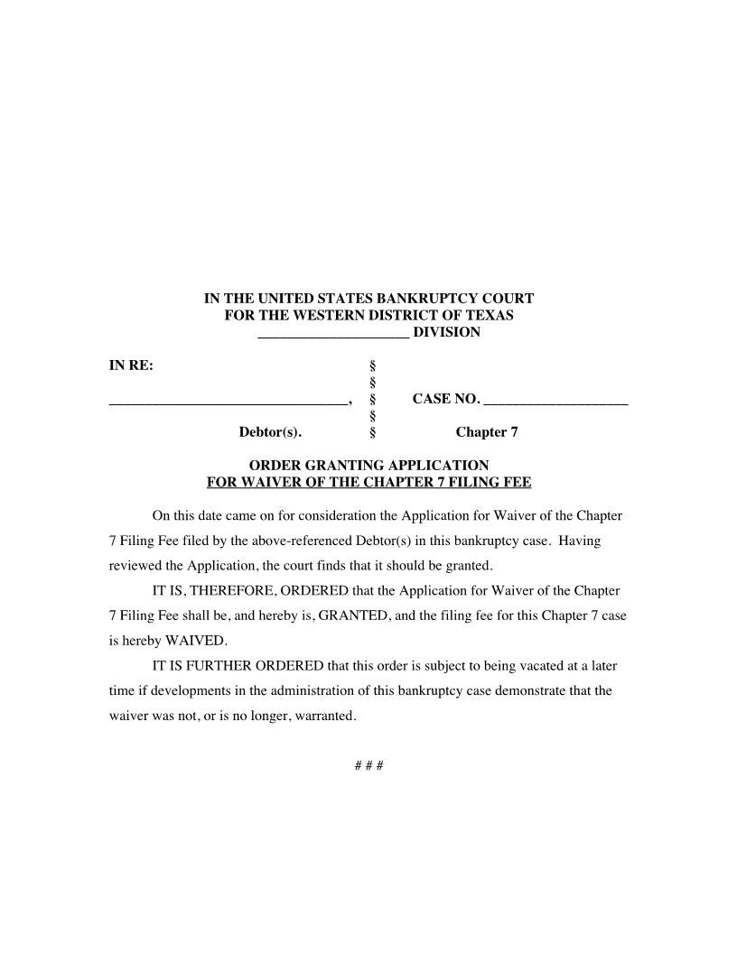 Order Granting Application For Waiver Of The Ch 7 Filing Fee | Pdf Fpdf Doc Docx | Texas