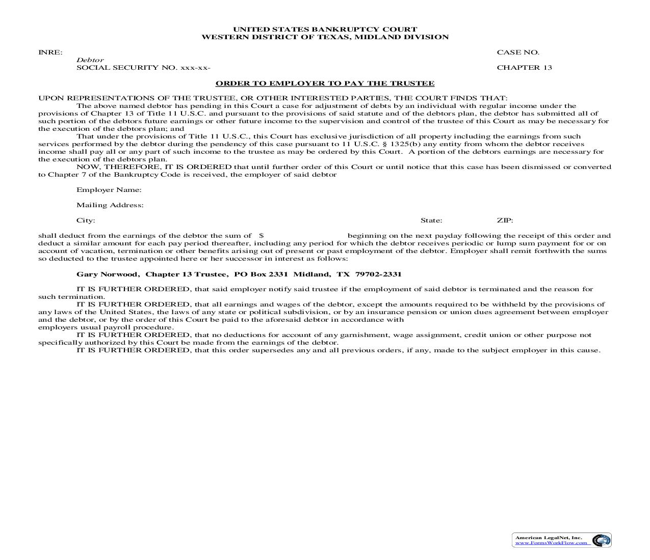 Order To Employer To Pay The Trustee (Midland) | Pdf Fpdf Doc Docx | Texas