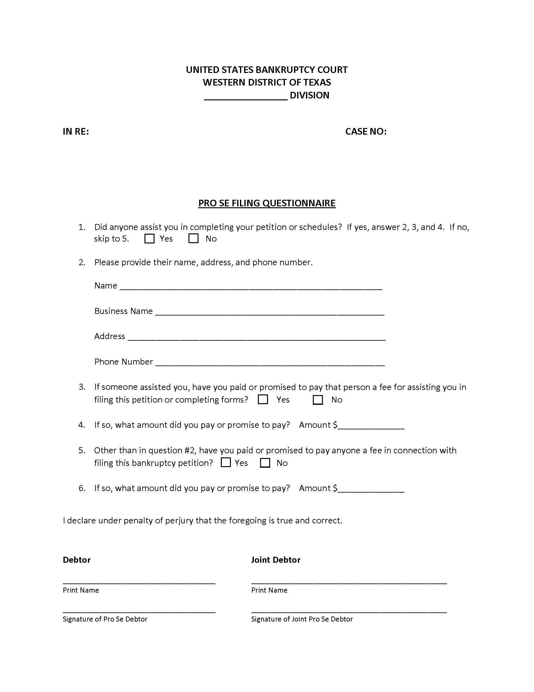 Pro Se Filing Questionnaire | Pdf Fpdf Docx | Texas