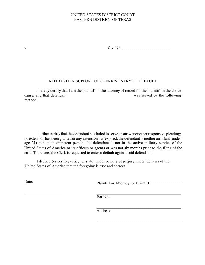Affidavit In Support Of Clerks Entry Of Default | Pdf Fpdf Doc Docx | Texas