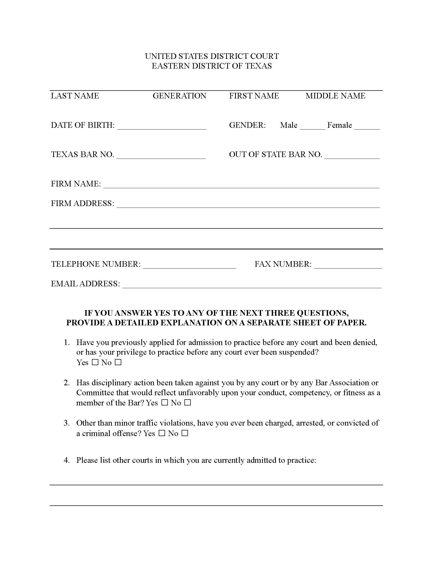 Application For Admission To Practice | Pdf Fpdf Doc Docx | Texas