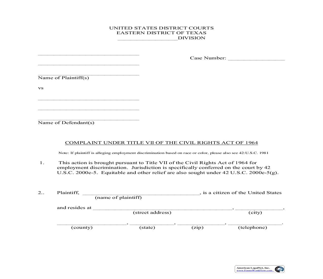 Complaint Under Title VII Of The Civil Rights Act Of 1964 | Pdf Fpdf Doc Docx | Texas