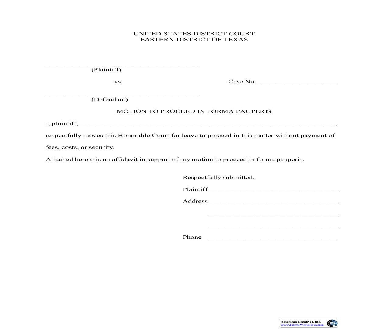 Motion To Proceed In Forma Pauperis | Pdf Fpdf Doc Docx | Texas