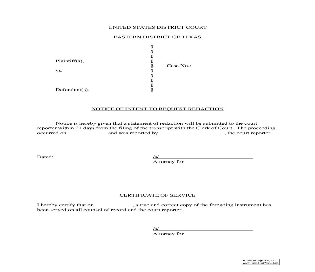 Notice Of Intent To Request Redaction | Pdf Fpdf Doc Docx | Texas