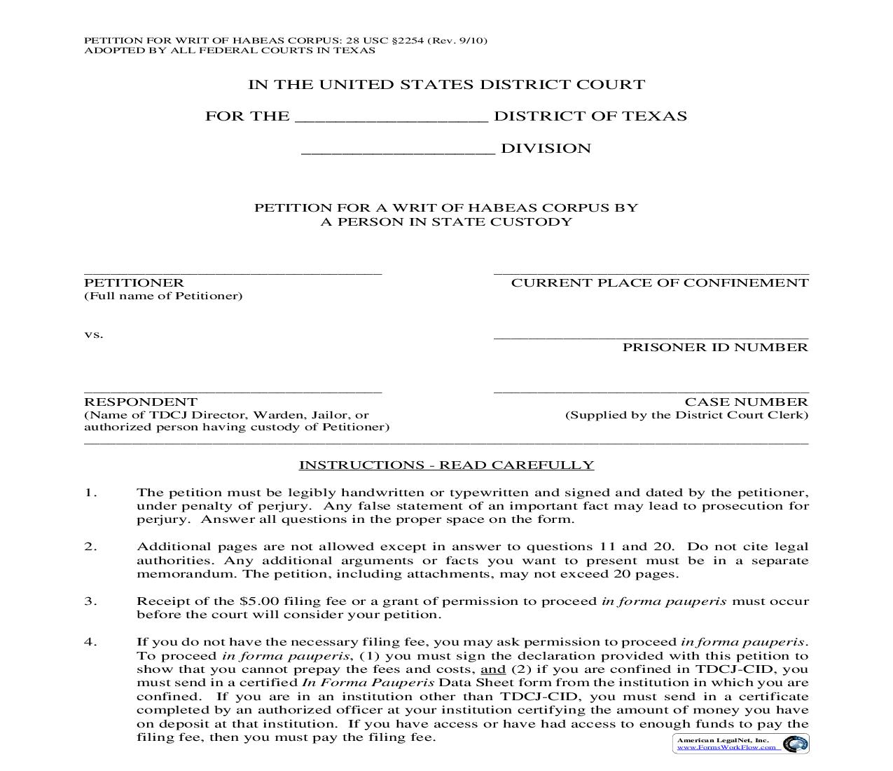 Petition For A Writ Of Habeas Corpus By A Person In State Custody | Pdf Fpdf Doc Docx | Texas