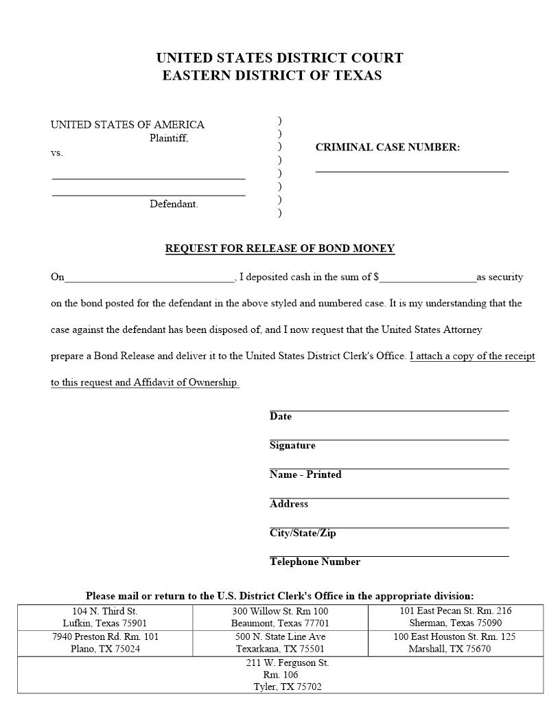Request For Release Of Bond Money | Pdf Fpdf Docx | Texas