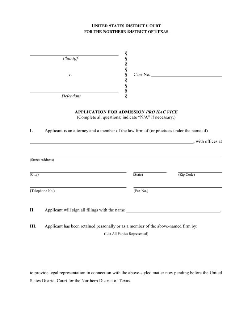 Application For Admission Pro Hac Vice | Pdf Fpdf Doc Docx | Texas
