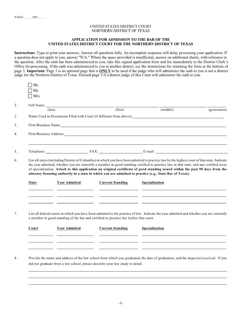 Application For Admission To The Bar | Pdf Fpdf Doc Docx | Texas