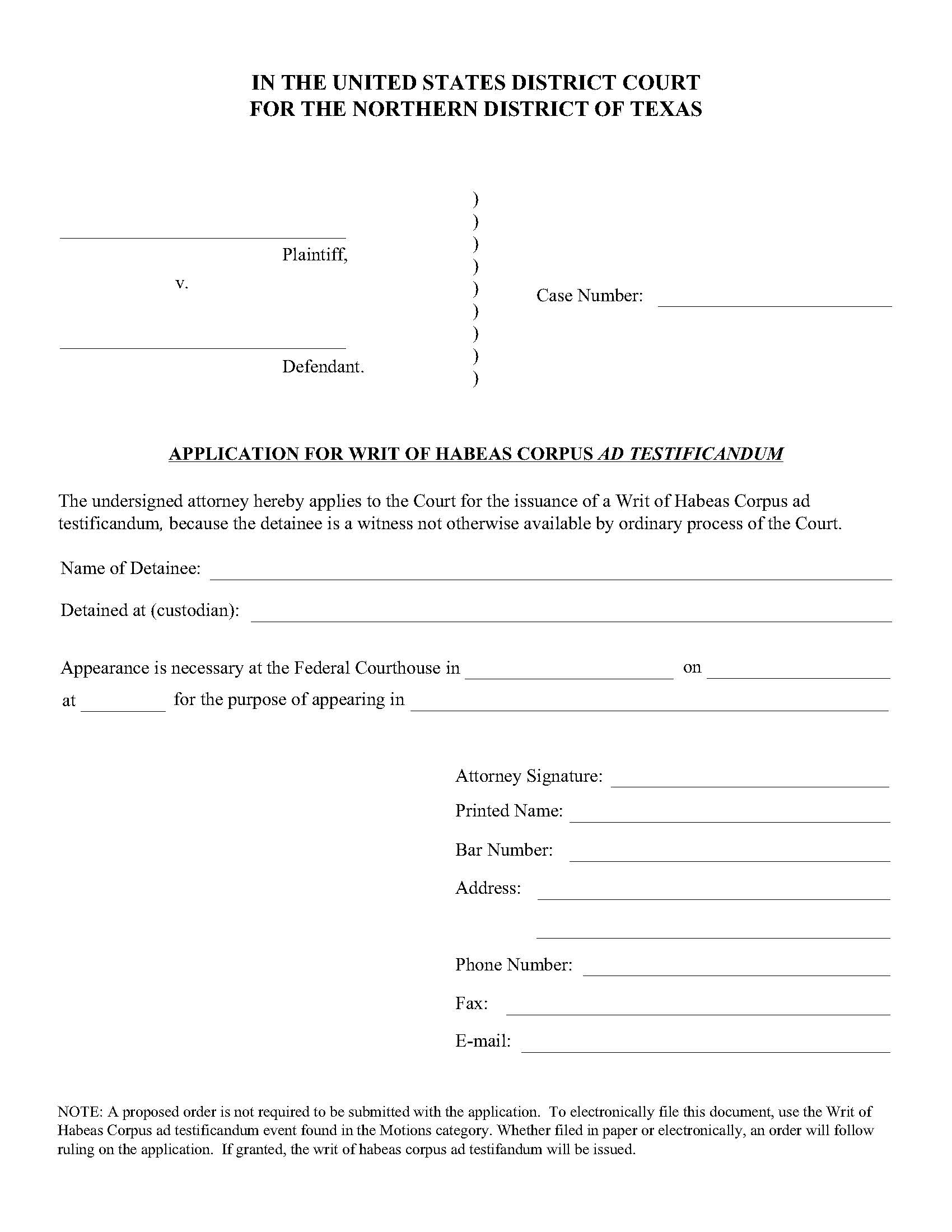 Application For Writ Of Habeas Corpus Ad Testificandum | Pdf Fpdf Doc Docx | Texas