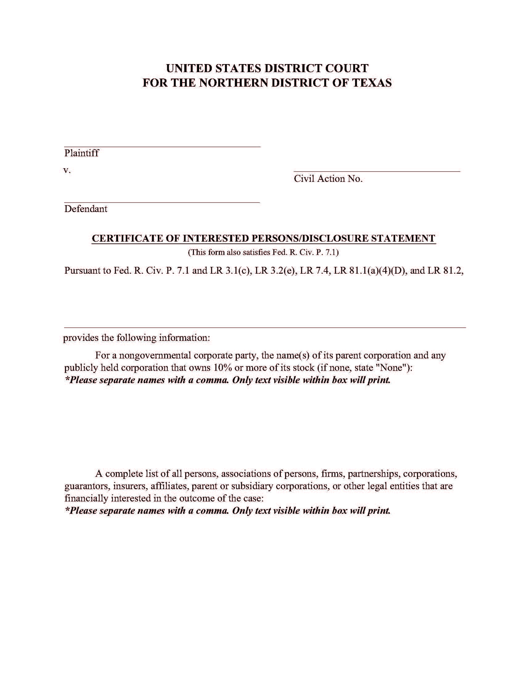 Certificate Of Interested Persons | Pdf Fpdf Doc Docx | Texas