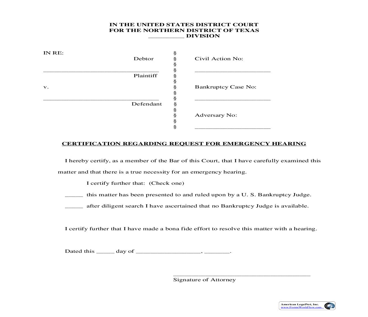 Certification Regarding Request For Emergency Hearing | Pdf Fpdf Doc Docx | Texas