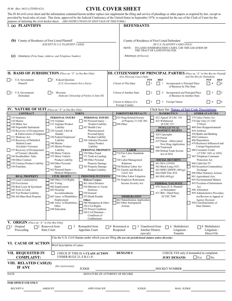 Civil Cover Sheet (Northern District) | Pdf Fpdf Docx | Texas