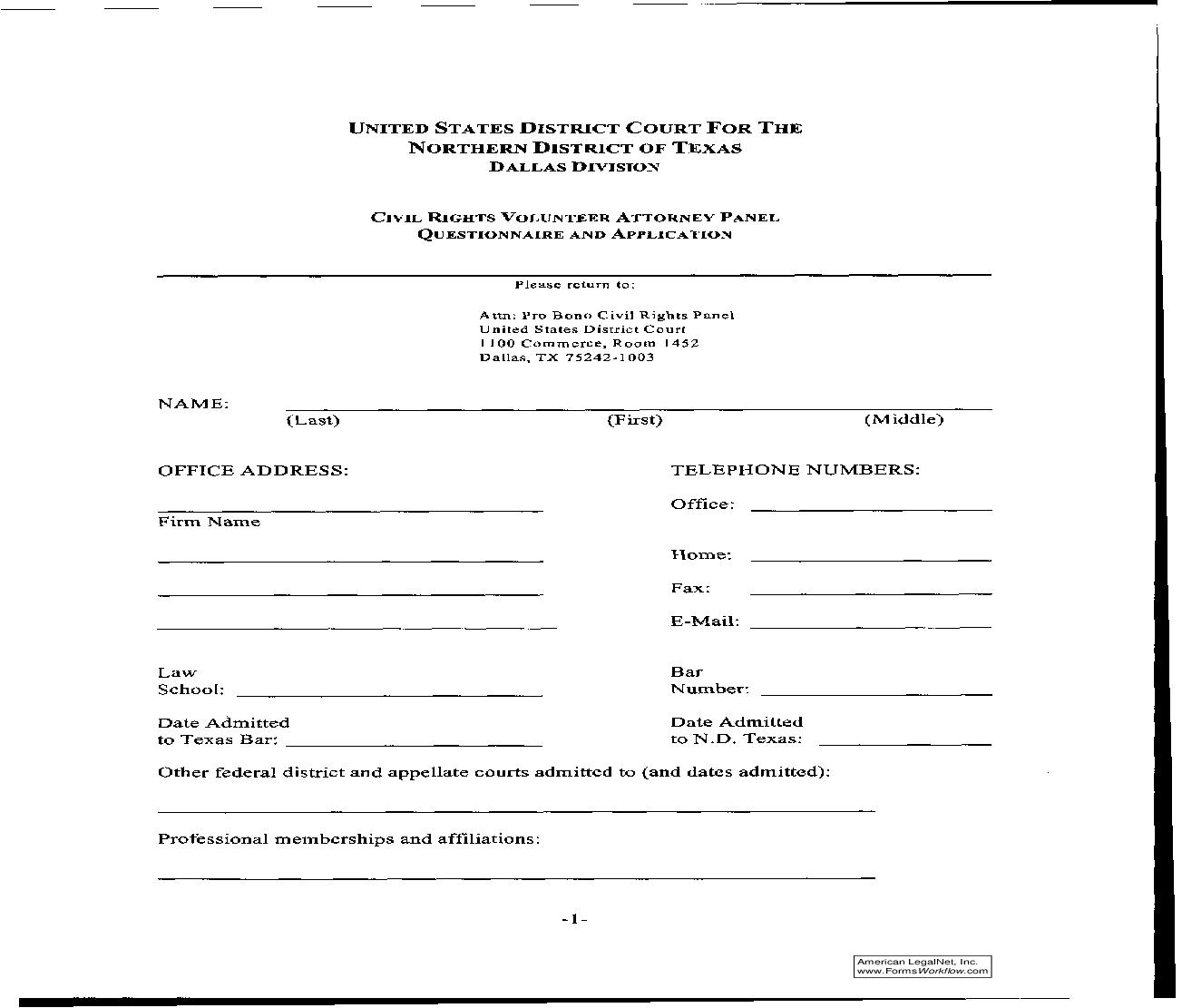 Civil Rights Volunteer Attorney Panel Questionnaire And Application | Pdf Fpdf Doc Docx | Texas