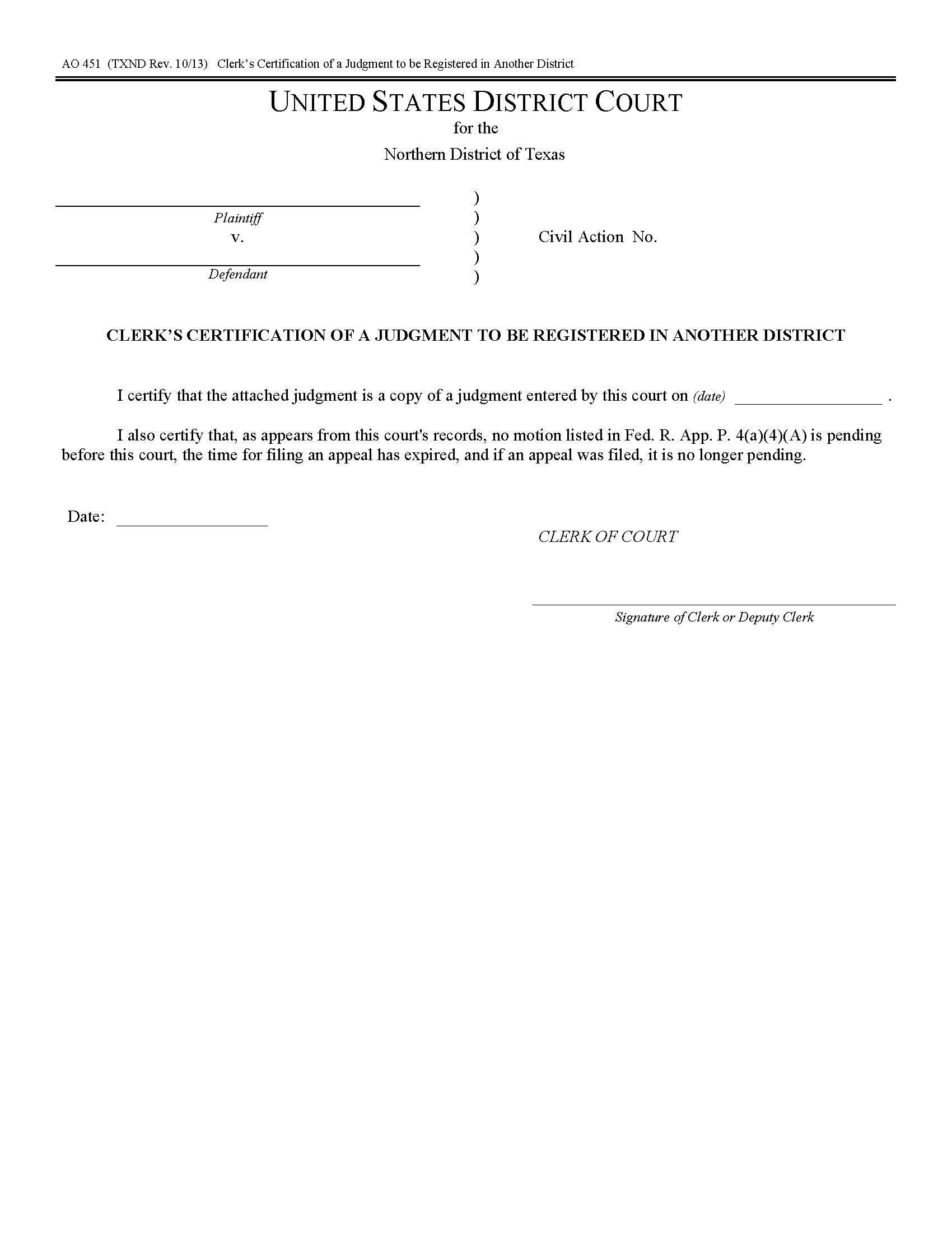 Clerks Certification Of A Judgment To Be Registered In Another District {AO 451} | Pdf Fpdf Doc Docx | Texas
