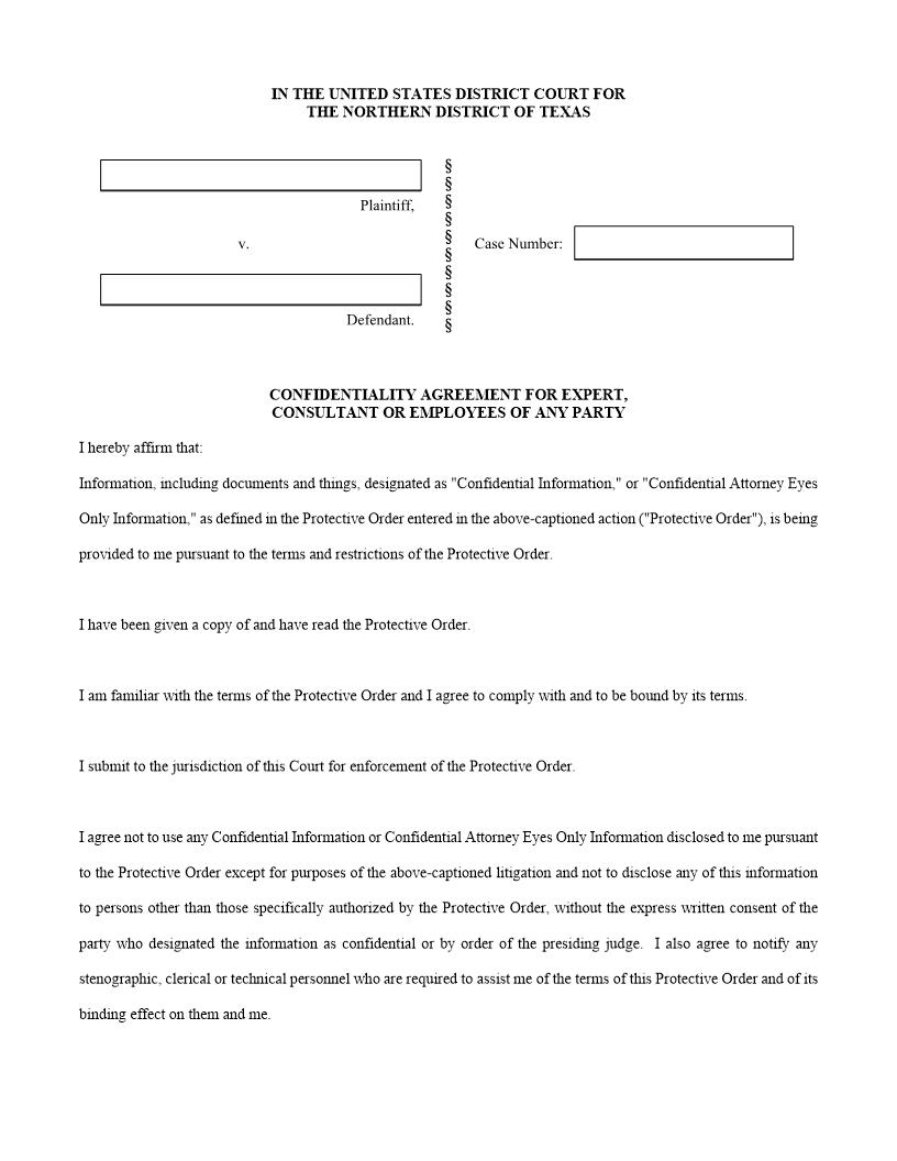 Confidentiality Agreement For Expert Consultant Or Employees Of Any Party | Pdf Fpdf Docx | Texas
