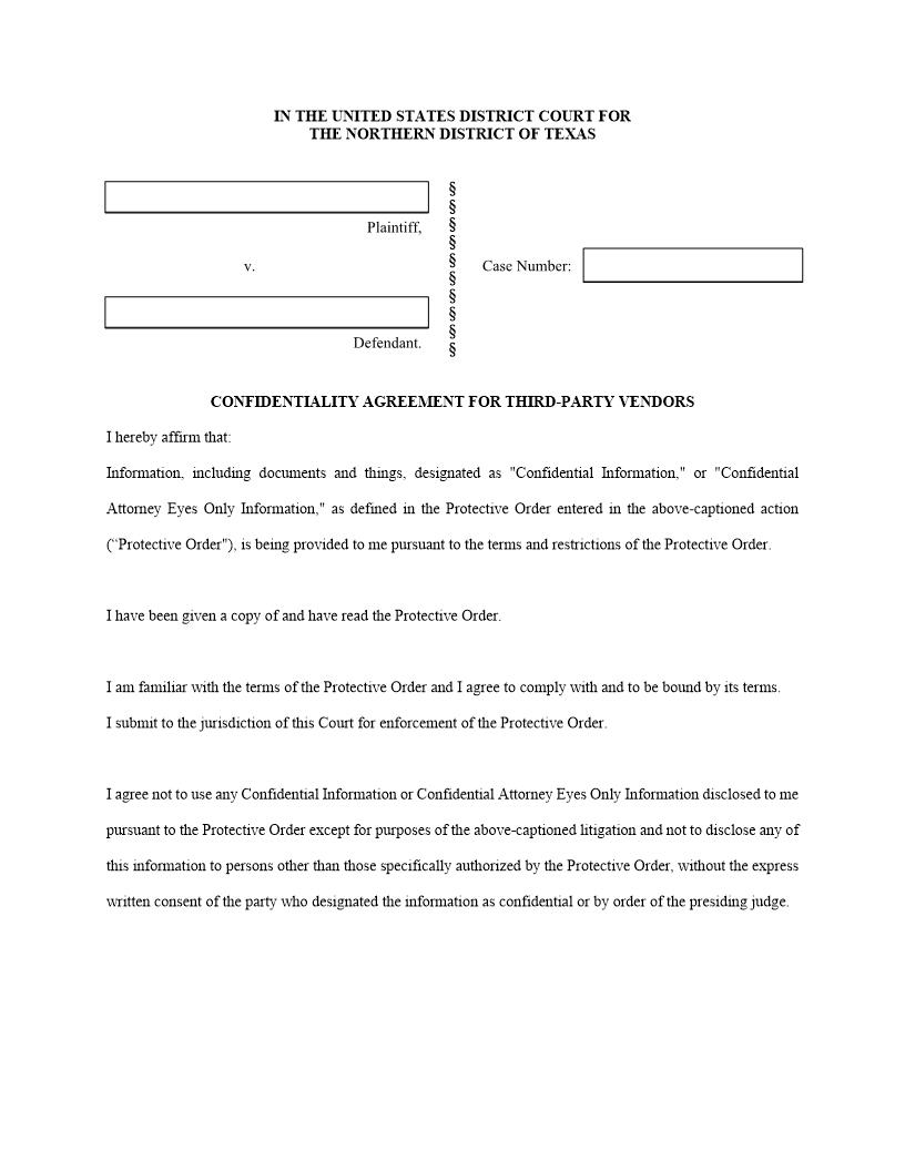 Confidentiality Agreement For Third Party Vendors | Pdf Fpdf Docx | Texas