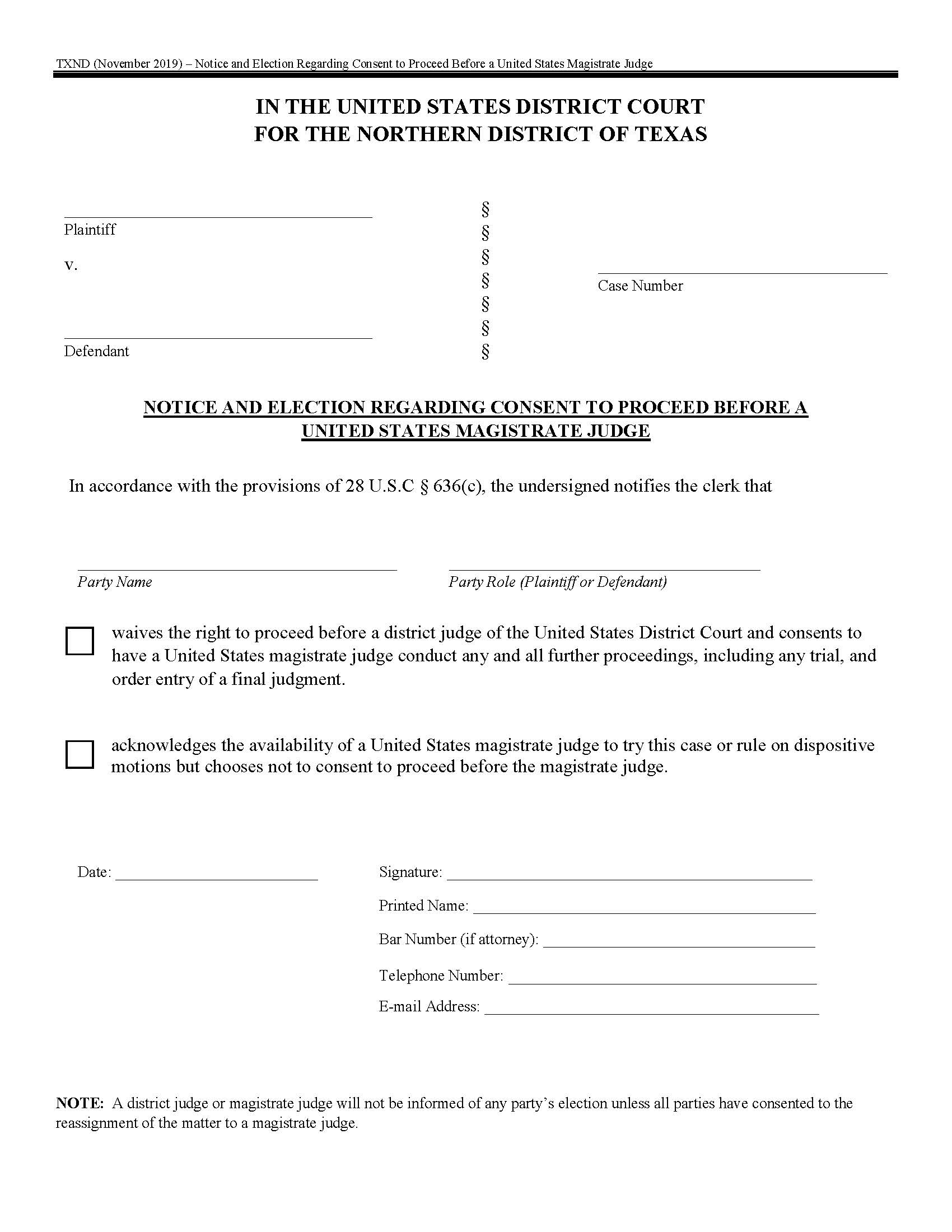 Consent To Proceed Before US Magistrate Judge | Pdf Fpdf Doc Docx | Texas