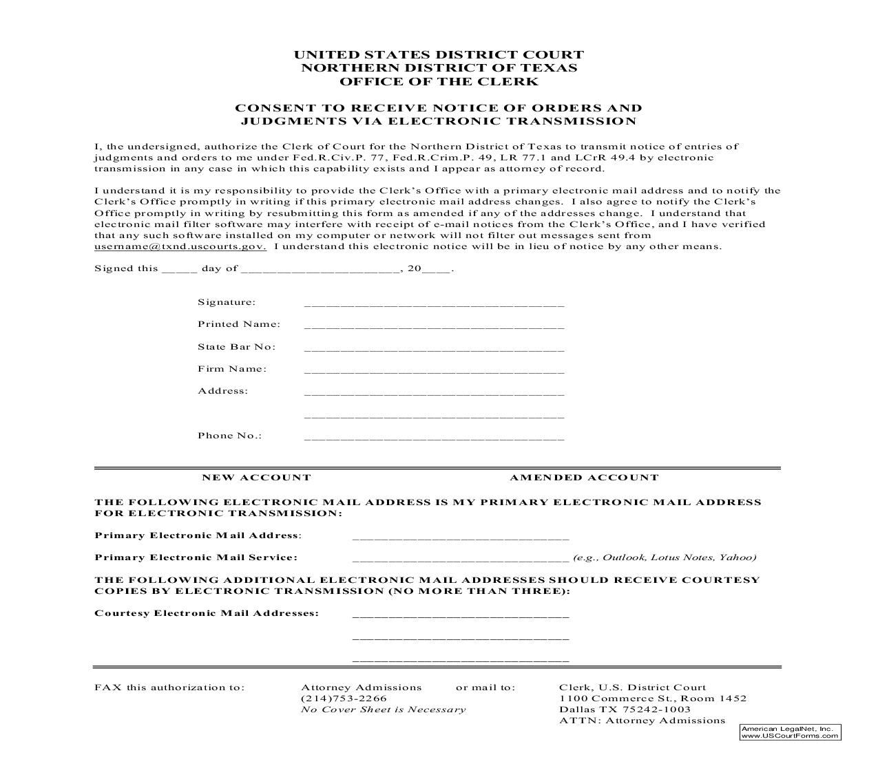 Consent To Receive Notice Of Orders And Judgments Via Electronic Transmission | Pdf Fpdf Doc Docx | Texas